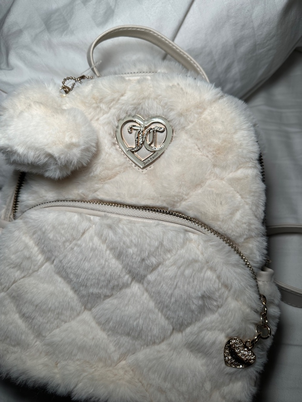 Juicy Couture Cream Faux Fur Quilted Mini Backpack with Heart Logo